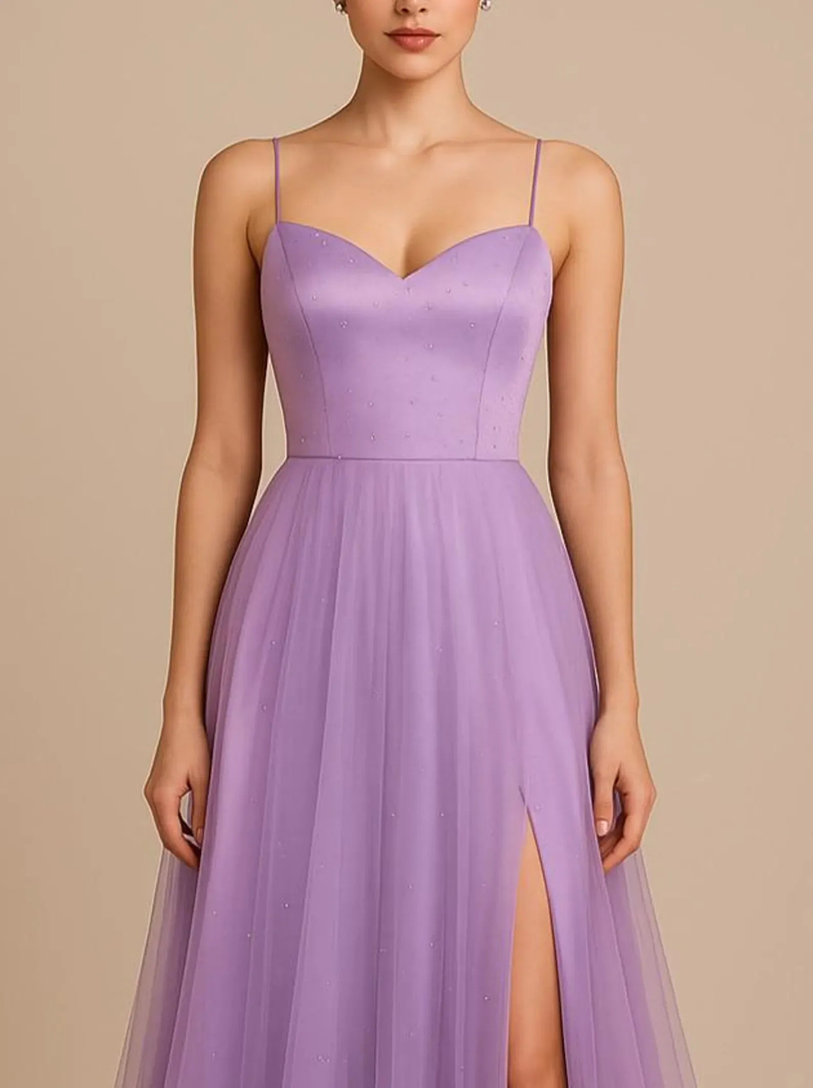 Delicate A-Line Sweetheart Spaghetti-Strap Slit Lavender Floor-Length Prom Dress