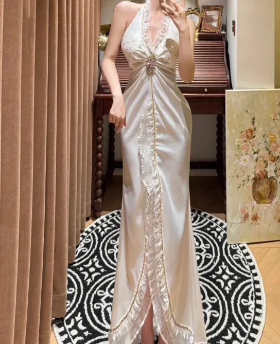 Delicate Sheath Halter Beaded Embellished Ivory Slit Prom Dress For Ladies