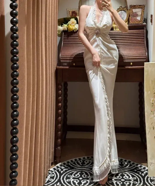 Delicate Sheath Halter Beaded Embellished Ivory Slit Prom Dress For Ladies