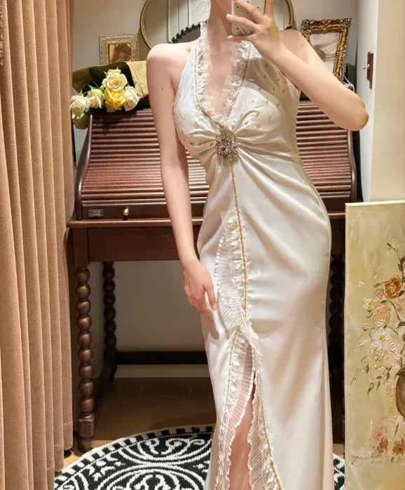 Delicate Sheath Halter Beaded Embellished Ivory Slit Prom Dress For Ladies