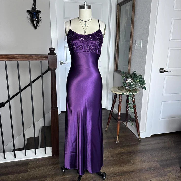 Delicate Sheath Spaghetti Straps Beaded Satin Purple Long Party Dress