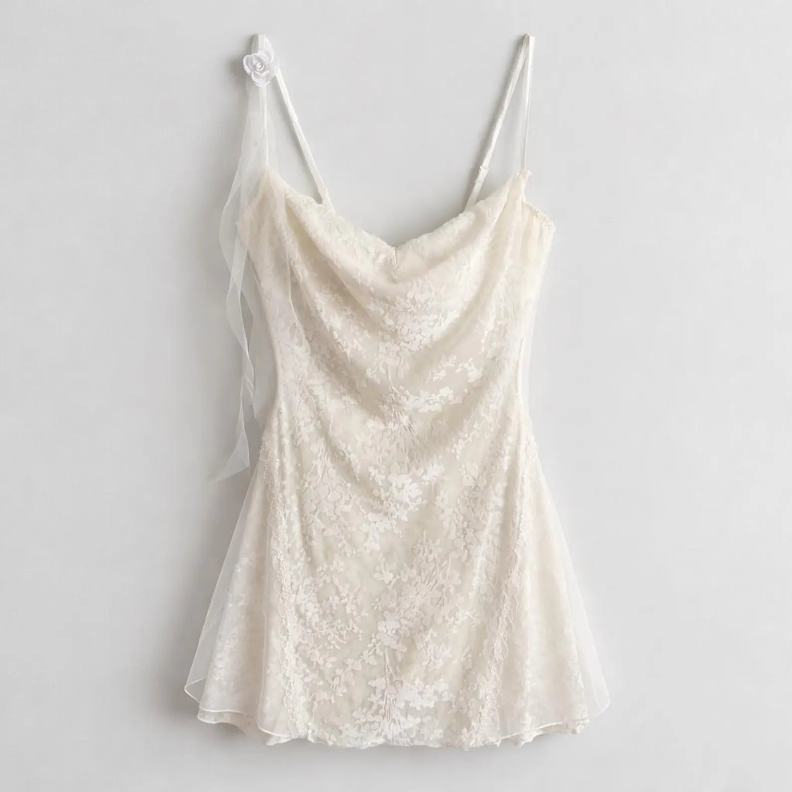 Delicate A-Line Cowl Neck Sheer Ribbon Lace Ivory Mini Homecoming Dress