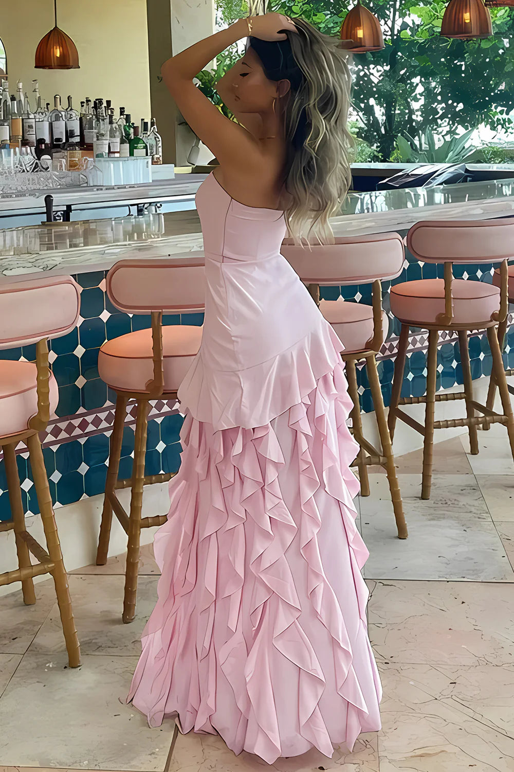 Discount Charming Sheath Strapless Ruffles High Slit Pink Long Prom Dress