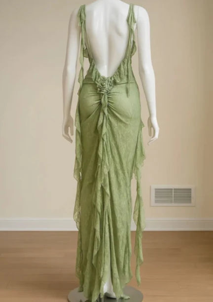Discount Cowl Neck Ruffle Open Back Green Long Prom Dresses For Women