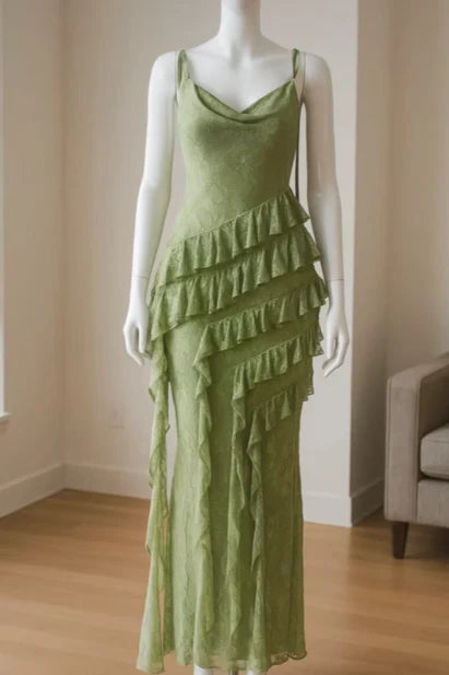 Discount Cowl Neck Ruffle Open Back Green Long Prom Dresses For Women