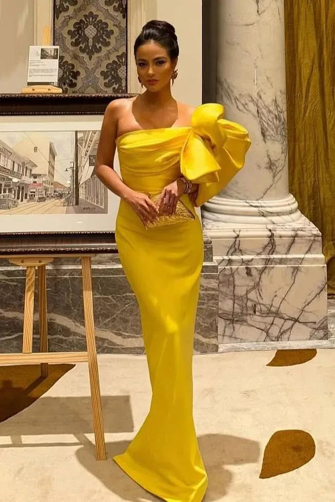 Discount Mermaid One-Shoulder Sleeveless Pleated Yellow Floor-Length Prom Dress