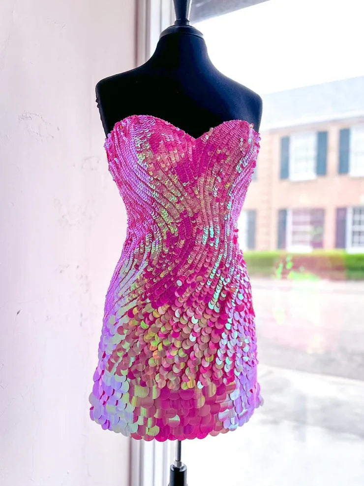 Discount Shiny Sheath Sweetheart Sequins Hot Pink Short Homecoming Dress