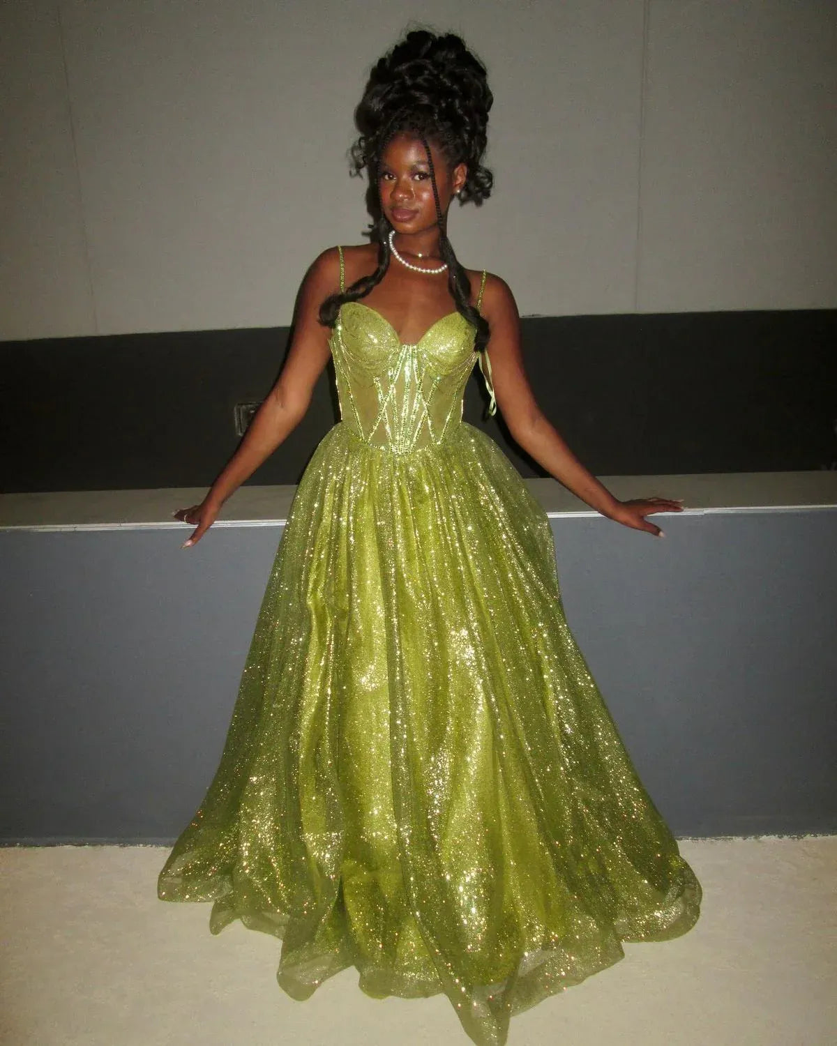 Discount Sparkly A-Line Spaghetti Strap Sequin Green Floor Length Prom Dress