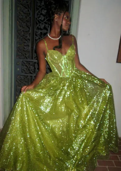 Discount Sparkly A-Line Spaghetti Strap Sequin Green Floor Length Prom Dress