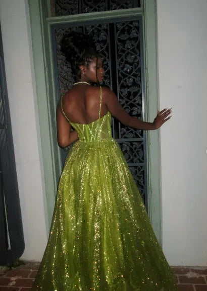 Discount Sparkly A-Line Spaghetti Strap Sequin Green Floor Length Prom Dress