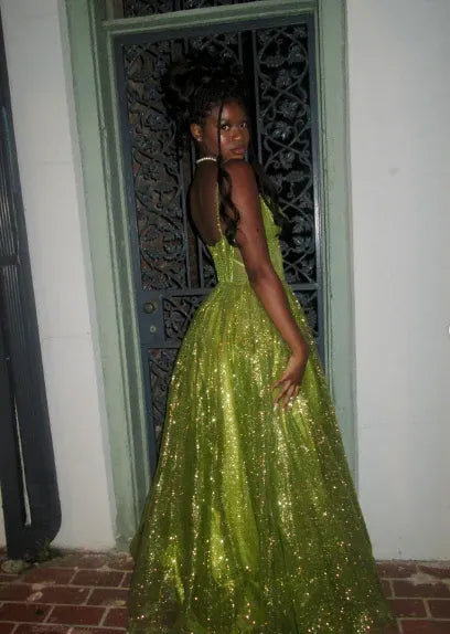Discount Sparkly A-Line Spaghetti Strap Sequin Green Floor Length Prom Dress