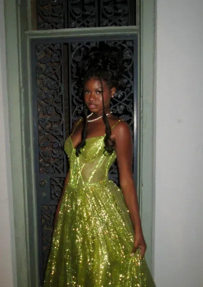 Discount Sparkly A-Line Spaghetti Strap Sequin Green Floor Length Prom Dress