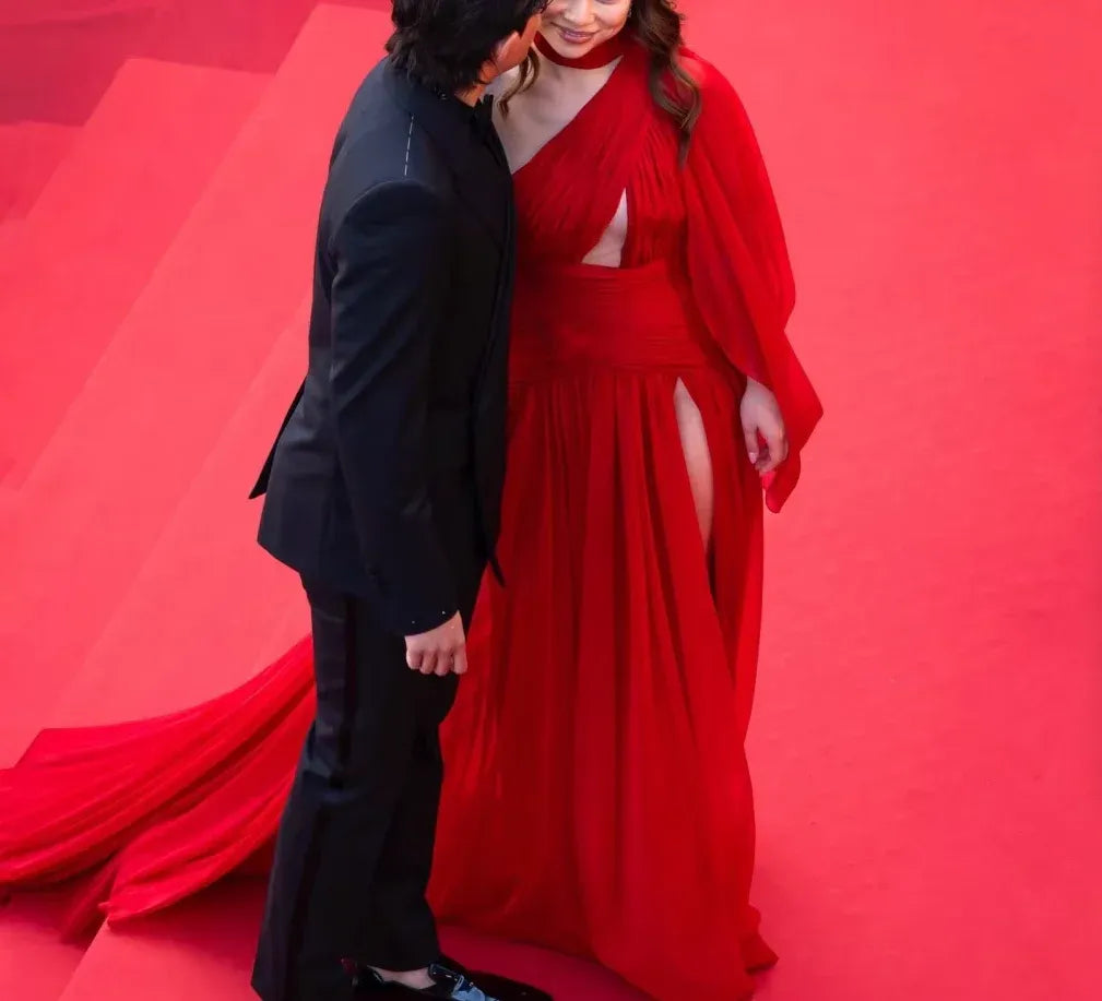 Dramatic A-Line One-Shoulder Cutout Red Chiffon Maxi Evening Dress for Women