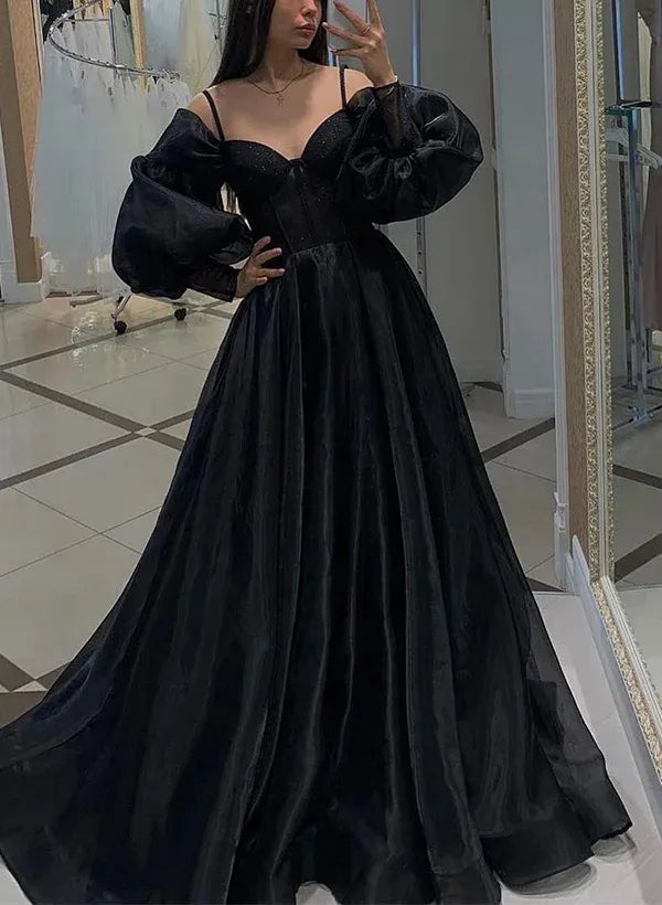 Dramatic A-Line Sweetheart Puff Sleeve Corset Organza Black Floor-Length Prom Dress