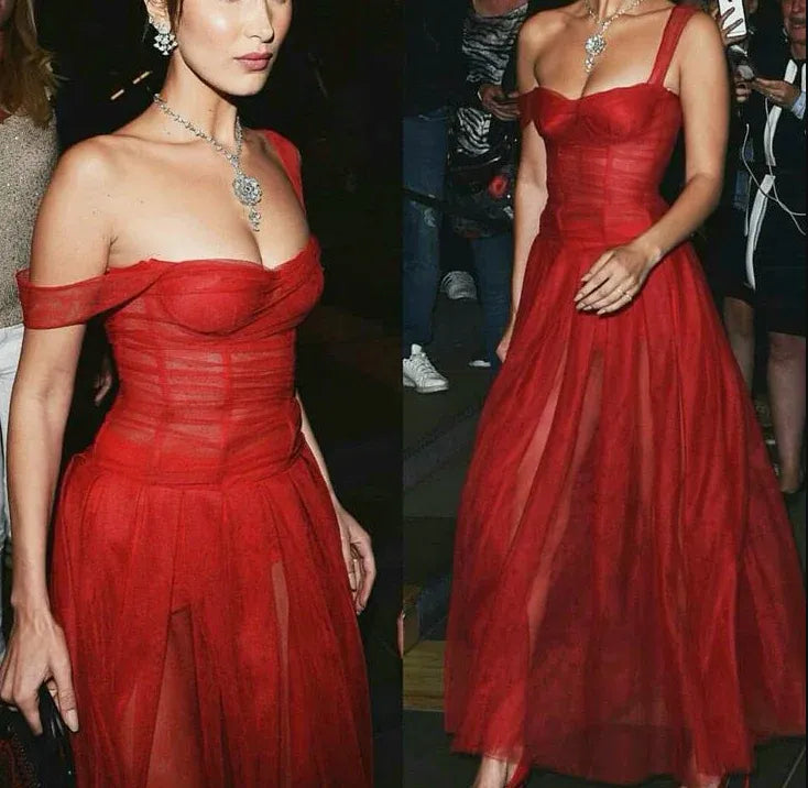 Dramatic A-line Sweetheart-Neck Asymmetric-Sleeve Sheer-Accented Red Maxi Prom Dress for Women hot sale