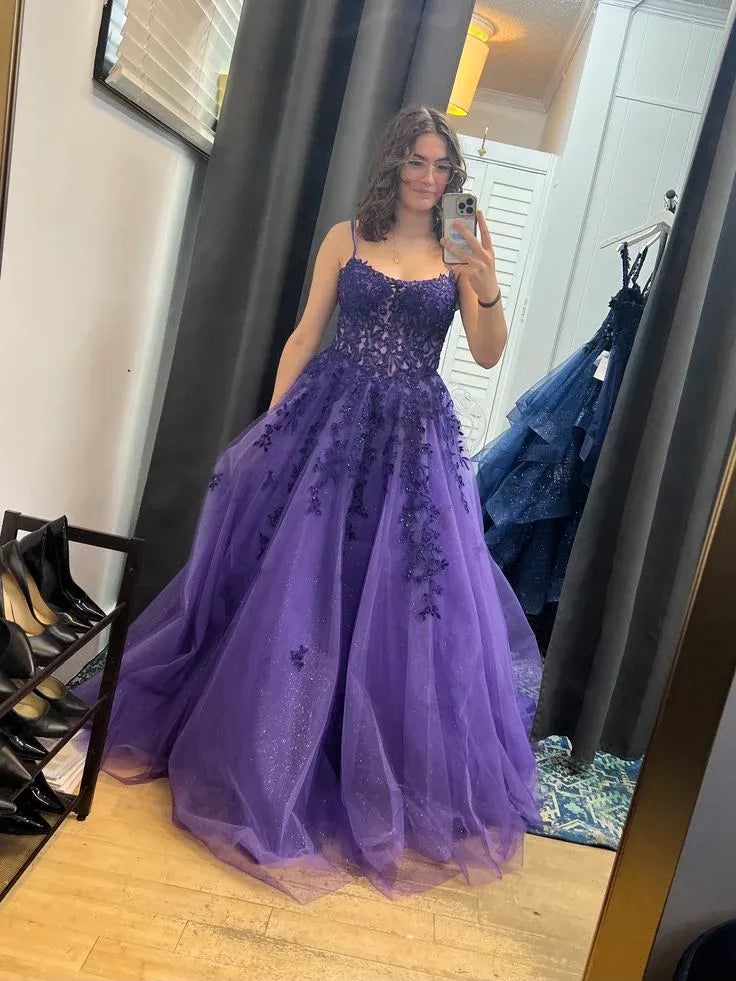 Dramatic Ball Gown Sweetheart Neck Sleeveless Lace Purple Long Prom Dress For Women Hot Sale