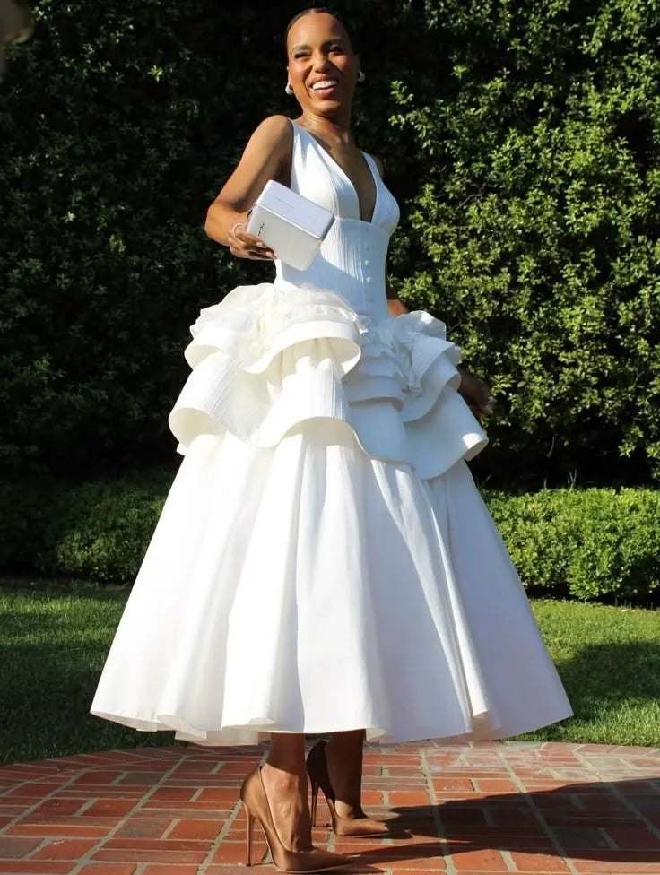 Dramatic Ballgown Deep V-Neck Sleeveless Ruffled Cotton White Maxi Prom Dress for Women
