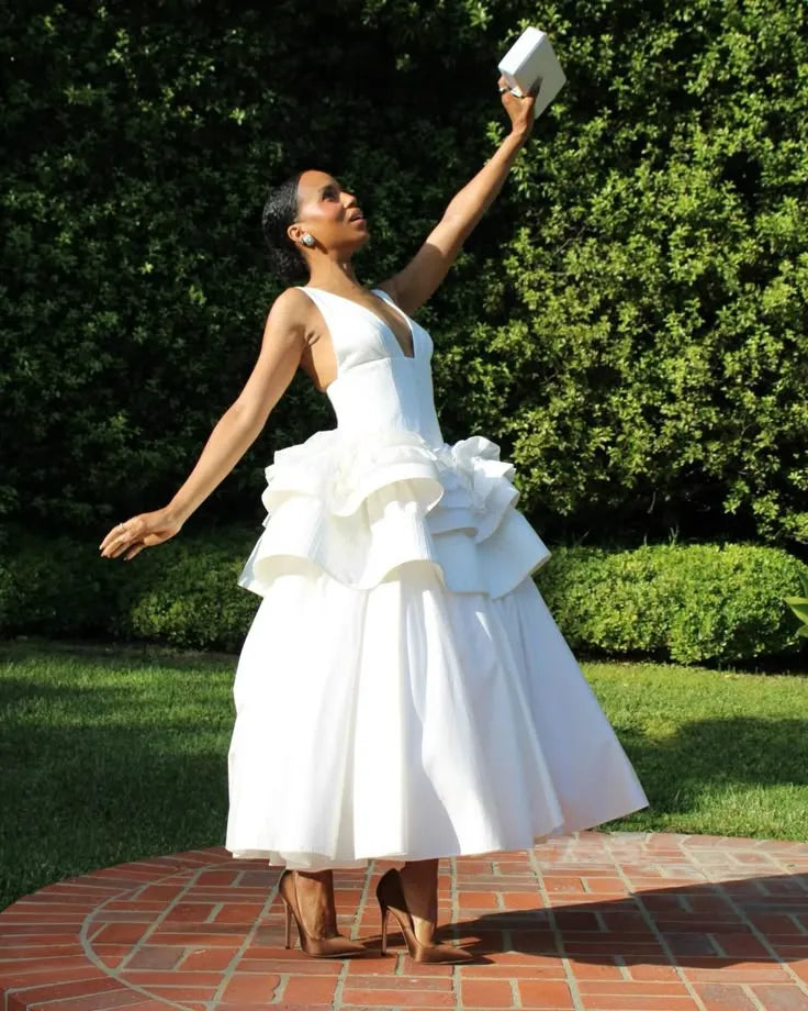 Dramatic Ballgown Deep V-Neck Sleeveless Ruffled Cotton White Maxi Prom Dress for Women