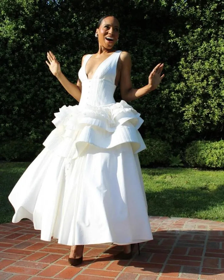 Dramatic Ballgown Deep V-Neck Sleeveless Ruffled Cotton White Maxi Prom Dress for Women