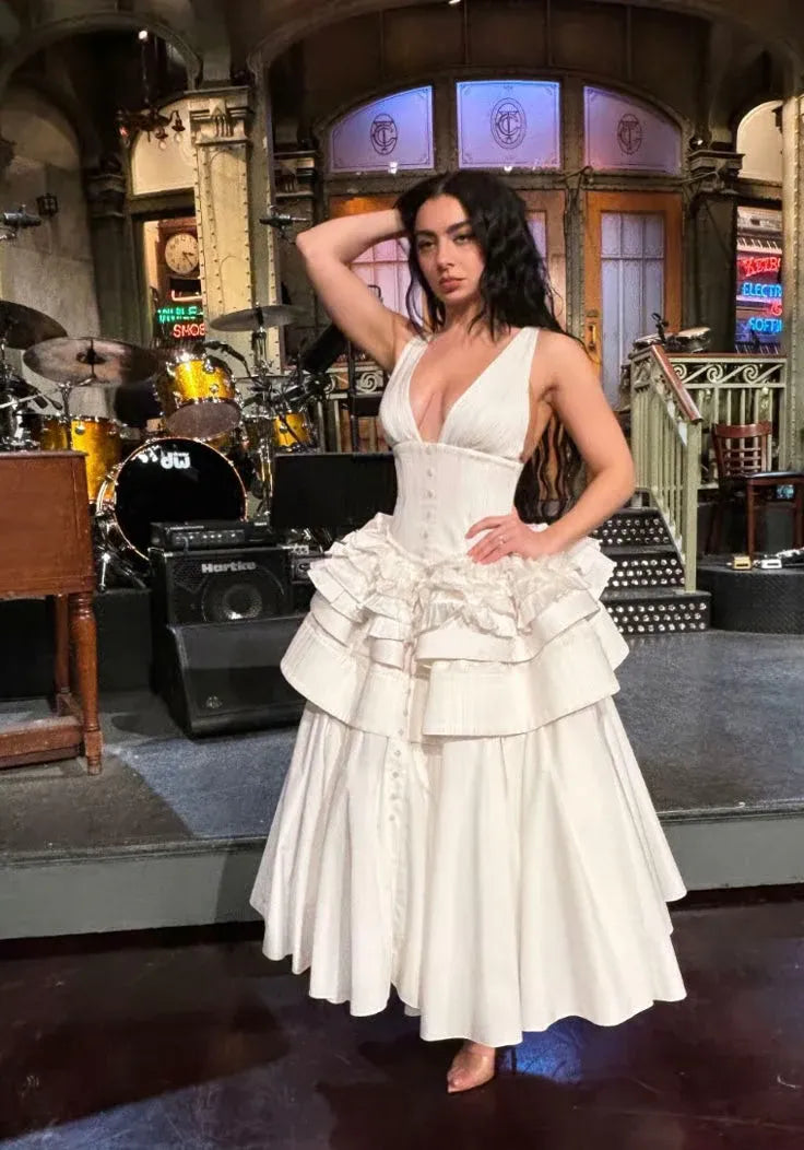 Dramatic Ballgown Deep V-Neck Sleeveless Ruffled Cotton White Maxi Prom Dress for Women