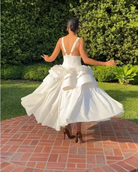 Dramatic Ballgown Deep V-Neck Sleeveless Ruffled Cotton White Maxi Prom Dress for Women