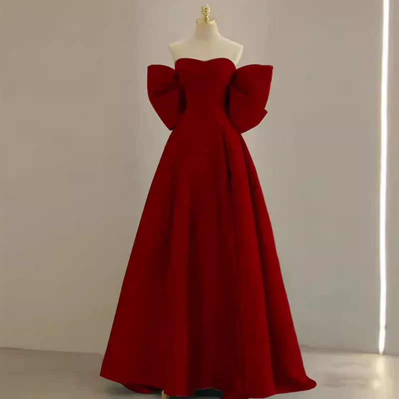 Dramatic Ballgown Off-Shoulder Oversized-Bow Red Maxi Evening Dress for Women