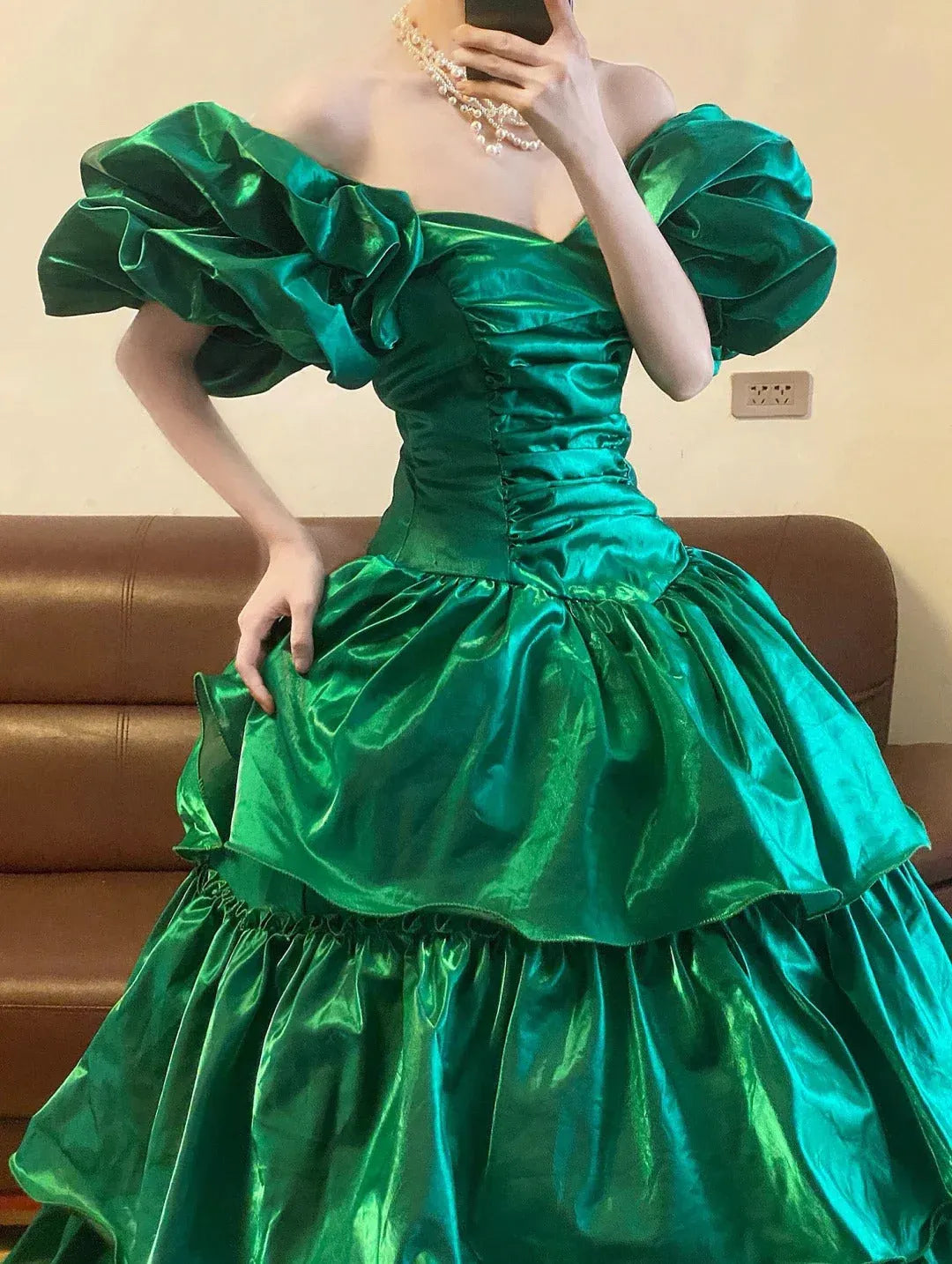 Dramatic Ballgown Off-Shoulder Ruffled Satin Emerald Green Floor-Length Prom Dress for Women