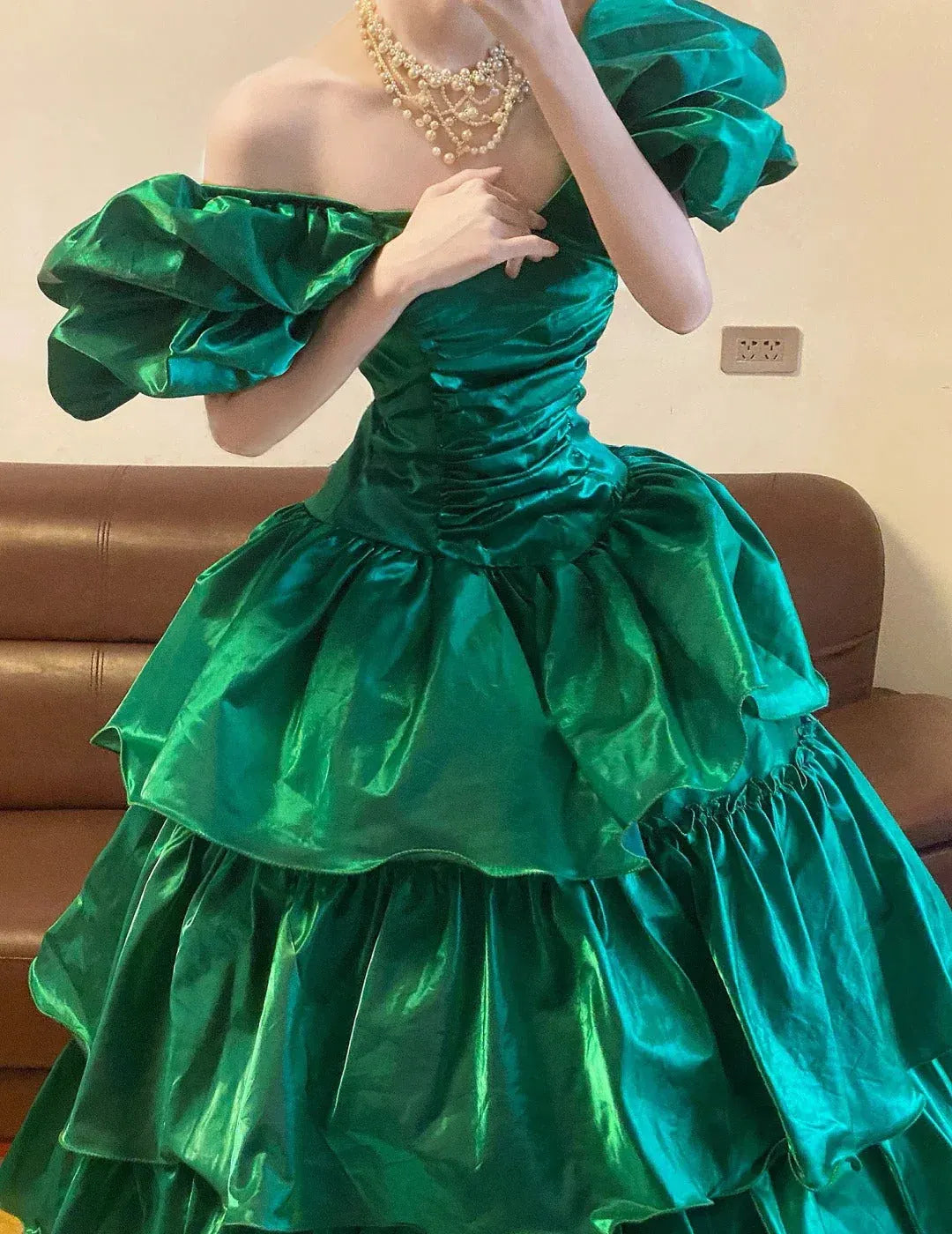 Dramatic Ballgown Off-Shoulder Ruffled Satin Emerald Green Floor-Length Prom Dress for Women