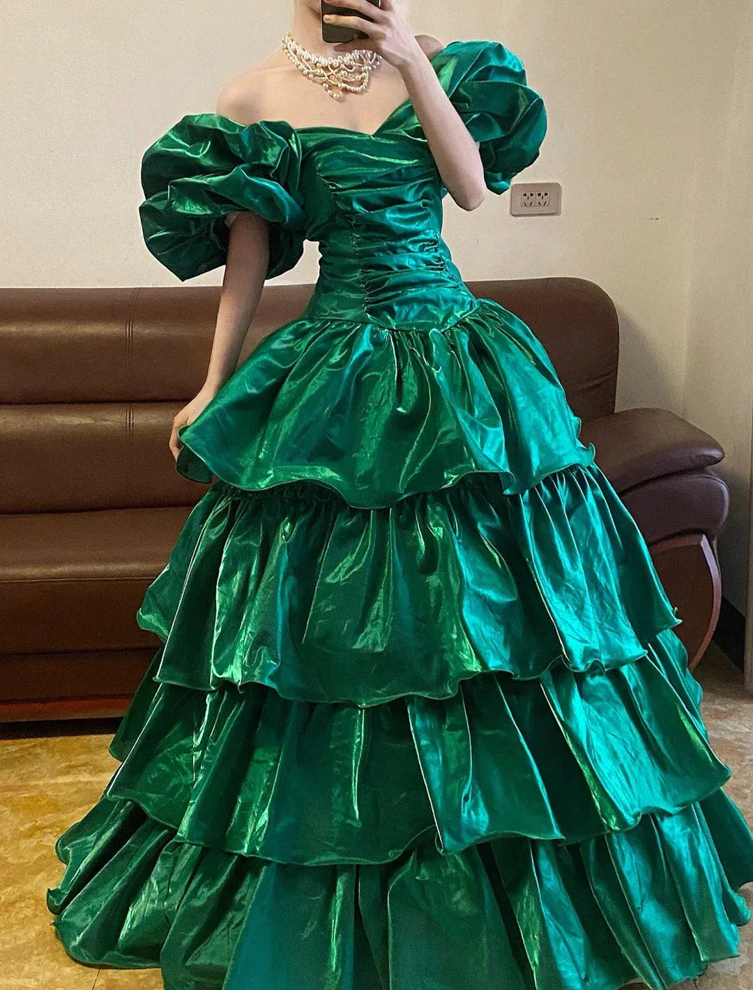 Dramatic Ballgown Off-Shoulder Ruffled Satin Emerald Green Floor-Length Prom Dress for Women