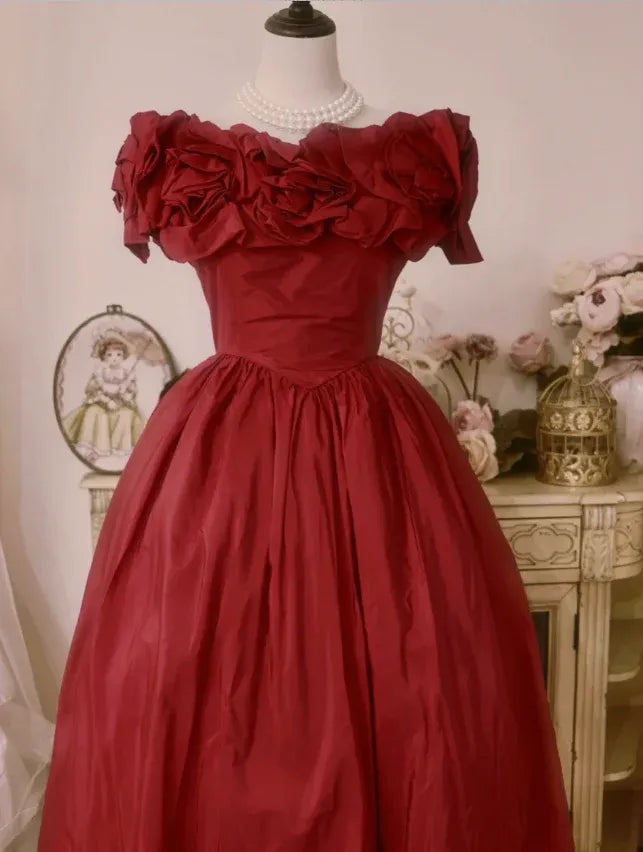 Dramatic Ballgown Off-the-Shoulder Short-Sleeve Ruffled Burgundy Maxi Prom Dress for Women Custom