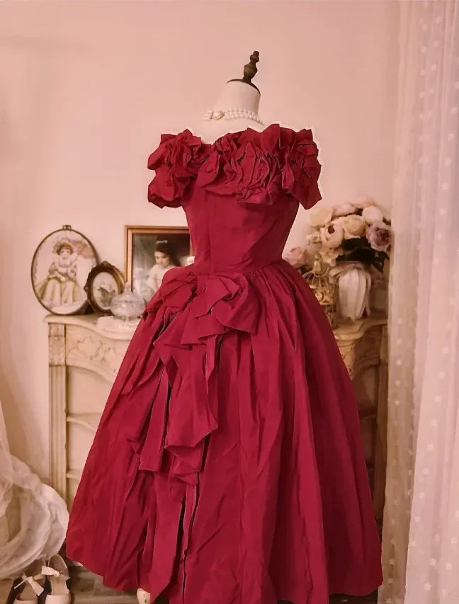 Dramatic Ballgown Off-the-Shoulder Short-Sleeve Ruffled Burgundy Maxi Prom Dress for Women Custom