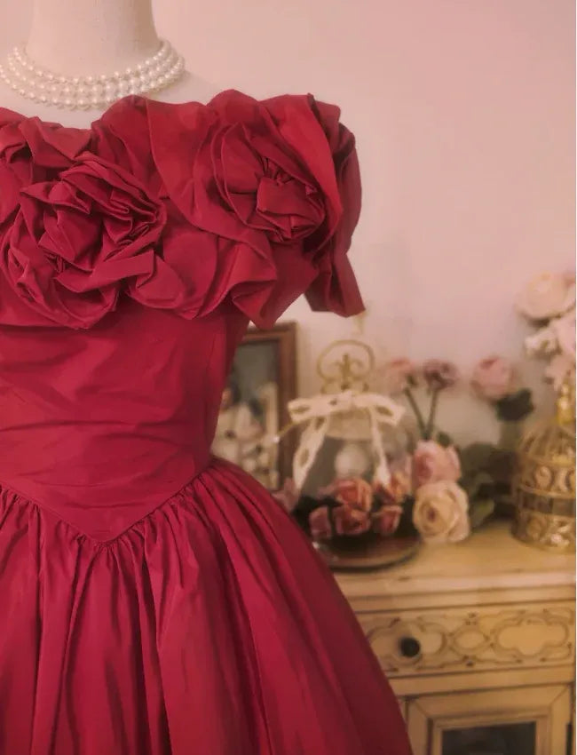 Dramatic Ballgown Off-the-Shoulder Short-Sleeve Ruffled Burgundy Short Prom Dress for Women Custom
