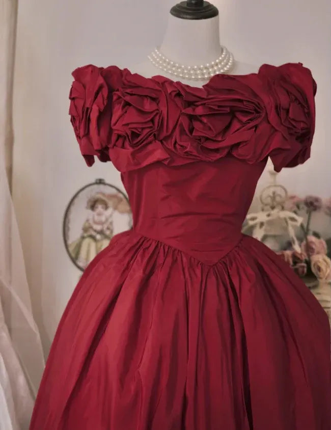 Dramatic Ballgown Off-the-Shoulder Short-Sleeve Ruffled Burgundy Short Prom Dress for Women Custom