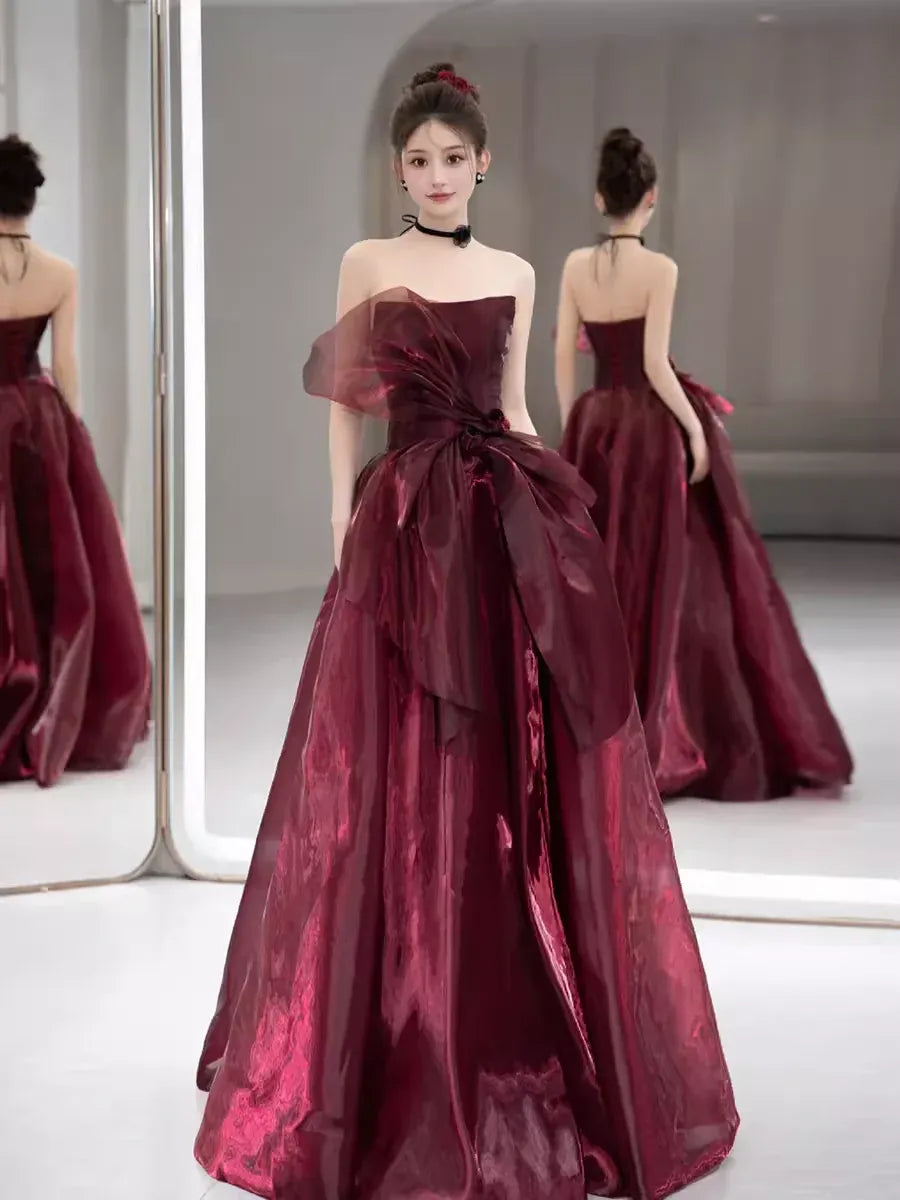 Dramatic Ballgown Strapless Sleeveless Bow-Accent Tulle Burgundy Floor-Length Evening Dress for Women