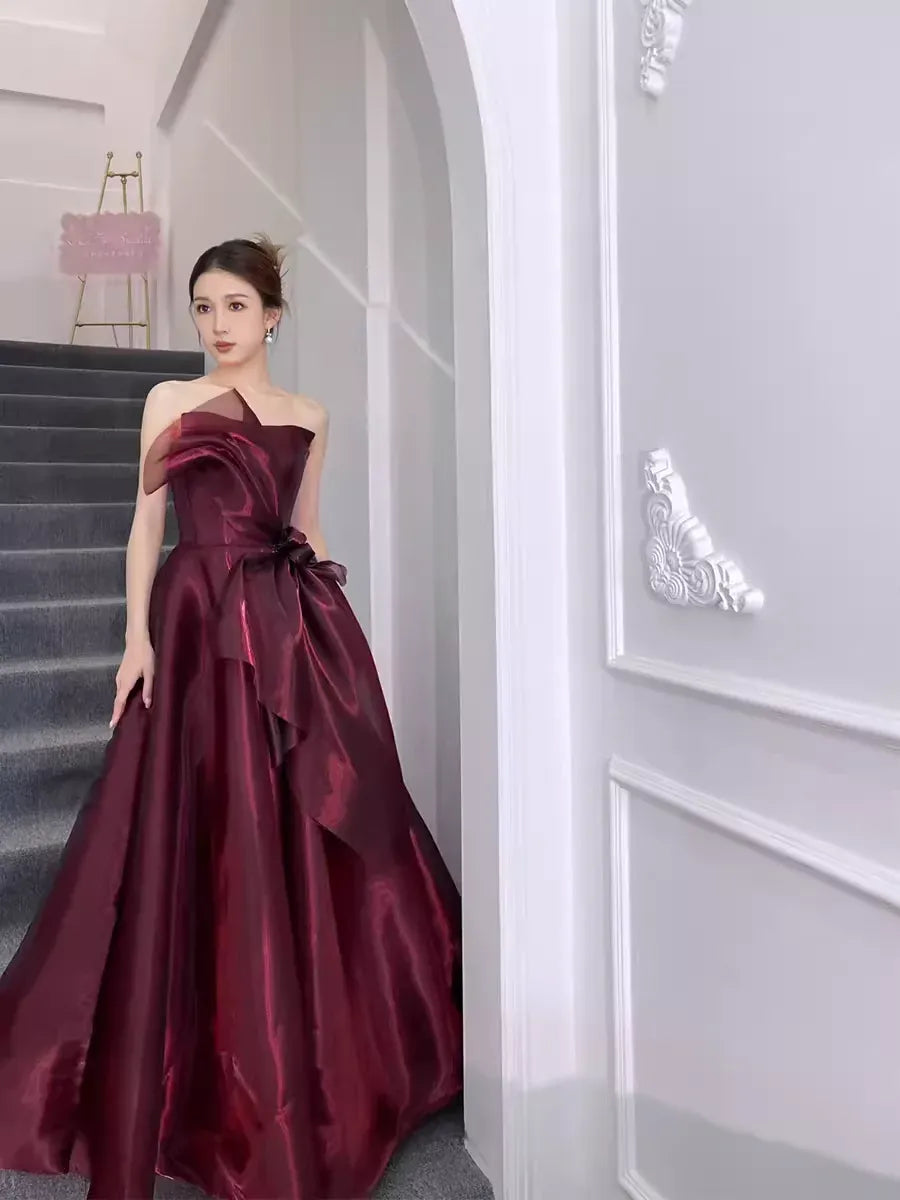 Dramatic Ballgown Strapless Sleeveless Bow-Accent Tulle Burgundy Floor-Length Evening Dress for Women