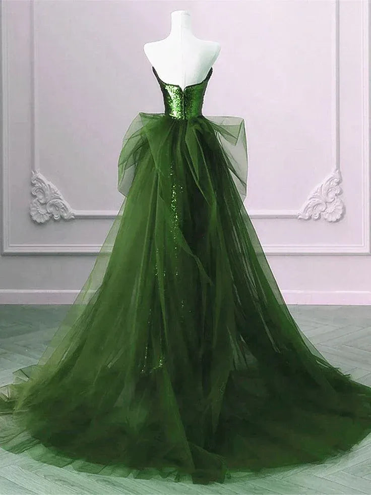 Dramatic Ballgown Strapless Sleeveless Sequin-Tulle Emerald Maxi Evening Dress for Women