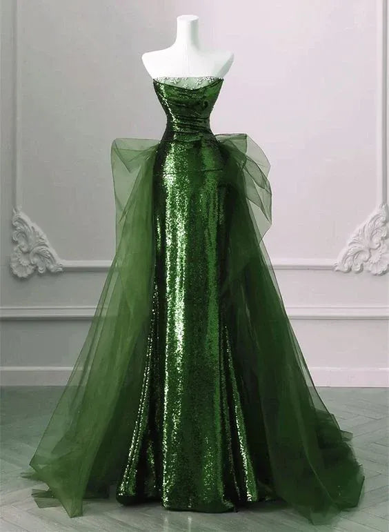 Dramatic Ballgown Strapless Sleeveless Sequin-Tulle Emerald Maxi Evening Dress for Women
