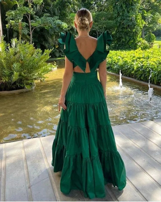 Dramatic Ballgown Sweetheart-Neck Sleeveless Ruffled-Cutout Emerald Maxi Evening Dress for Women