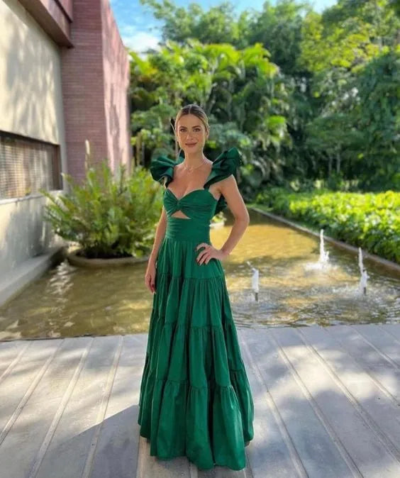 Dramatic Ballgown Sweetheart-Neck Sleeveless Ruffled-Cutout Emerald Maxi Evening Dress for Women
