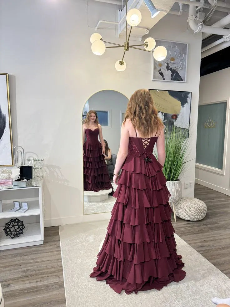 Dramatic Ballgown Sweetheart Sleeveless Tiered Burgundy Long Prom Dress for Women Hot Sale