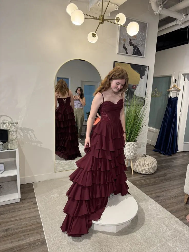 Dramatic Ballgown Sweetheart Sleeveless Tiered Burgundy Long Prom Dress for Women Hot Sale