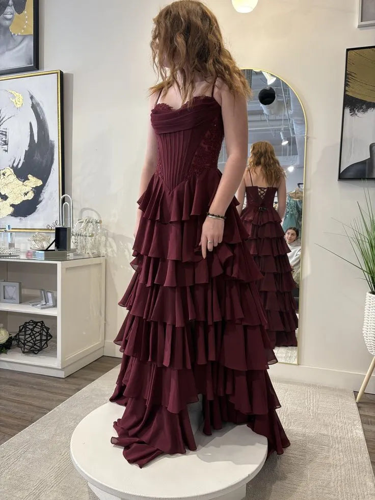 Dramatic Ballgown Sweetheart Sleeveless Tiered Burgundy Long Prom Dress for Women Hot Sale