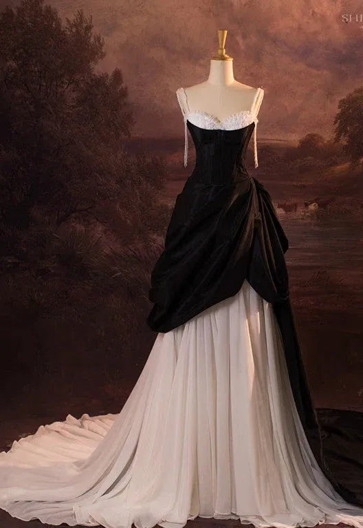 Dramatic Ballgown Sweetheart Sleeveless Two-Tone Black-White Long Prom Dress for Women For Sale