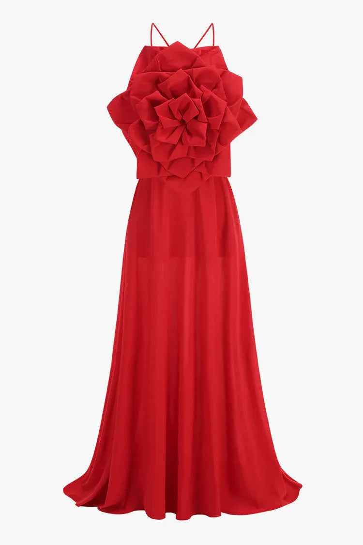 Dramatic Chiffon Long Evening Dress Red Halter-Neck 3D-Floral for Women