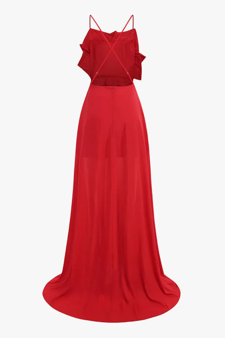 Dramatic Chiffon Long Evening Dress Red Halter-Neck 3D-Floral for Women