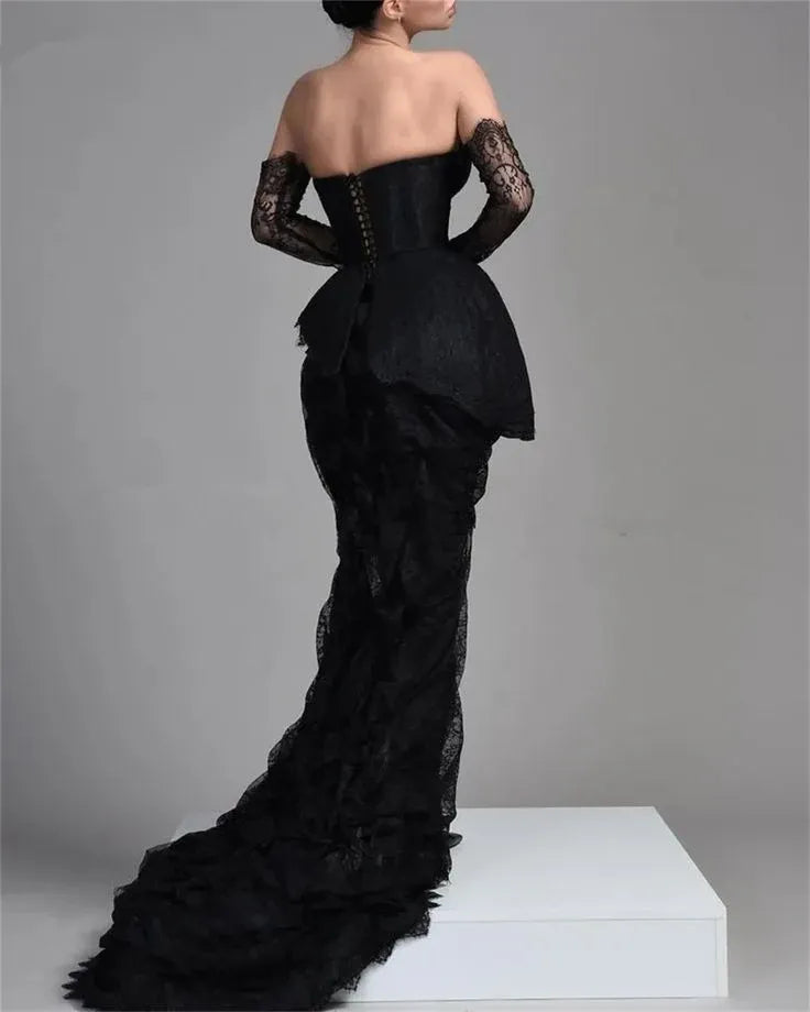 Dramatic Lace Long Evening Dress Black Strapless Corset-Lace for Women