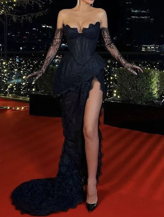 Dramatic Lace Long Evening Dress Black Strapless Corset-Lace for Women