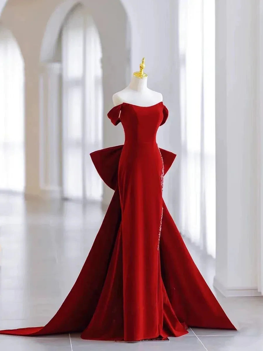 Dramatic Mermaid Off-Shoulder Sleeveless Bow-Accent Velvet Red Floor-Length Evening Dress for Women