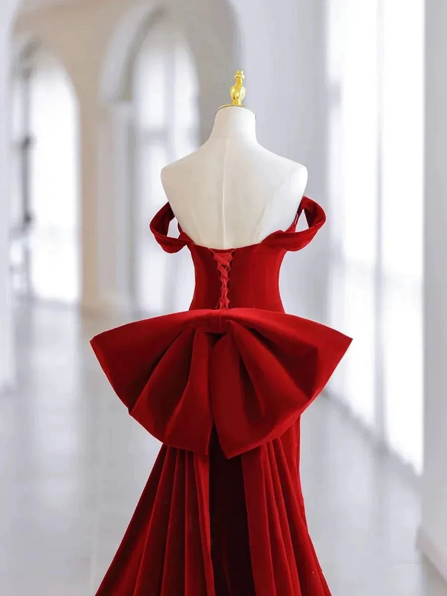 Dramatic Mermaid Off-Shoulder Sleeveless Bow-Accent Velvet Red Floor-Length Evening Dress for Women