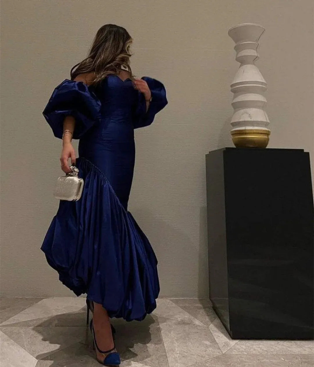 Dramatic Mermaid Off-the-Shoulder Puff-Sleeve Ruched Royal-Blue Maxi Prom Dress for Women hot sale